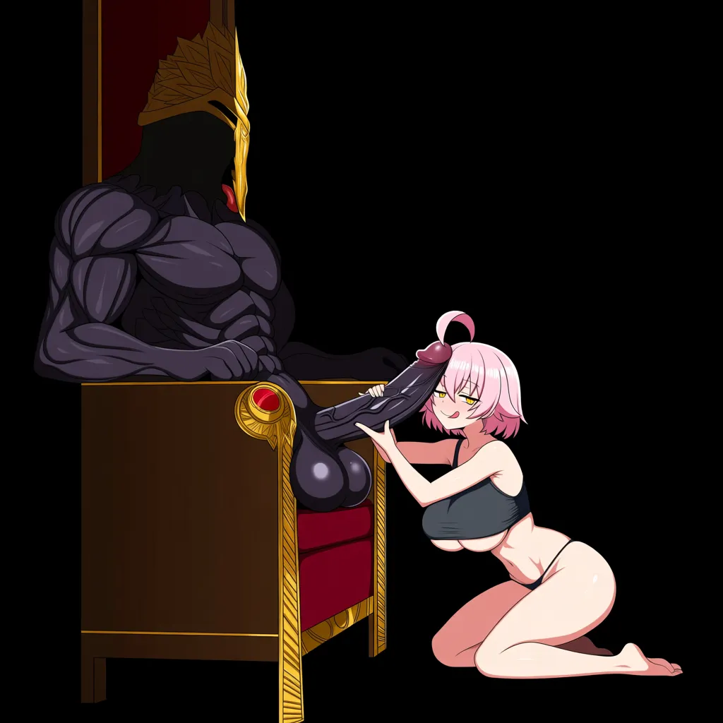 masterpiece, best quality, very aesthetic, hoshino, 1girl, looking_back , naughty_face, Artoria Pendragon lancer alter, body_writing, in_anime_clothes, underboob kneeling, licking_penis, handjob, tall_muscular_male_sitting_on_throne, large_penis, wide_shot, hentai_studio_quality