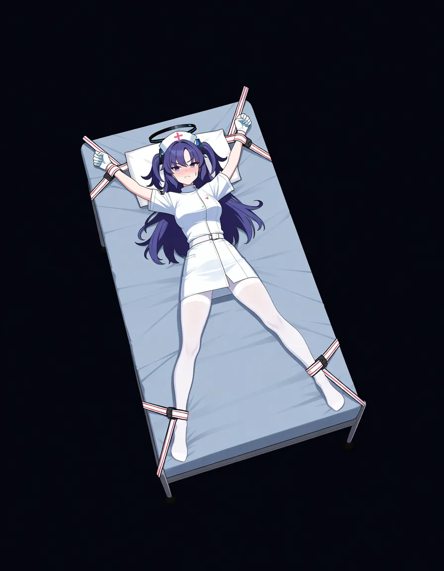 high angle shot, full body view.
 
yuuka (blue archive), wearing white nurse outfit, with white gloves and long white pantyhose, annoyed , spread eagle pose

Hospital bed, lying on back, lying on bed with white pillow, dark room with dim light.

 bondage, restrained, right hand is restrained with white belt that connected to the right top corner of the bed, left hand is restrained with white belt that connected to left top corner of the bed, right leg restrained using belt attached to right bottom corner of the bed, left leg restrained using belt attached to left bottom corner of the bed.,, hentai_studio_quality, hentai_studio_quality