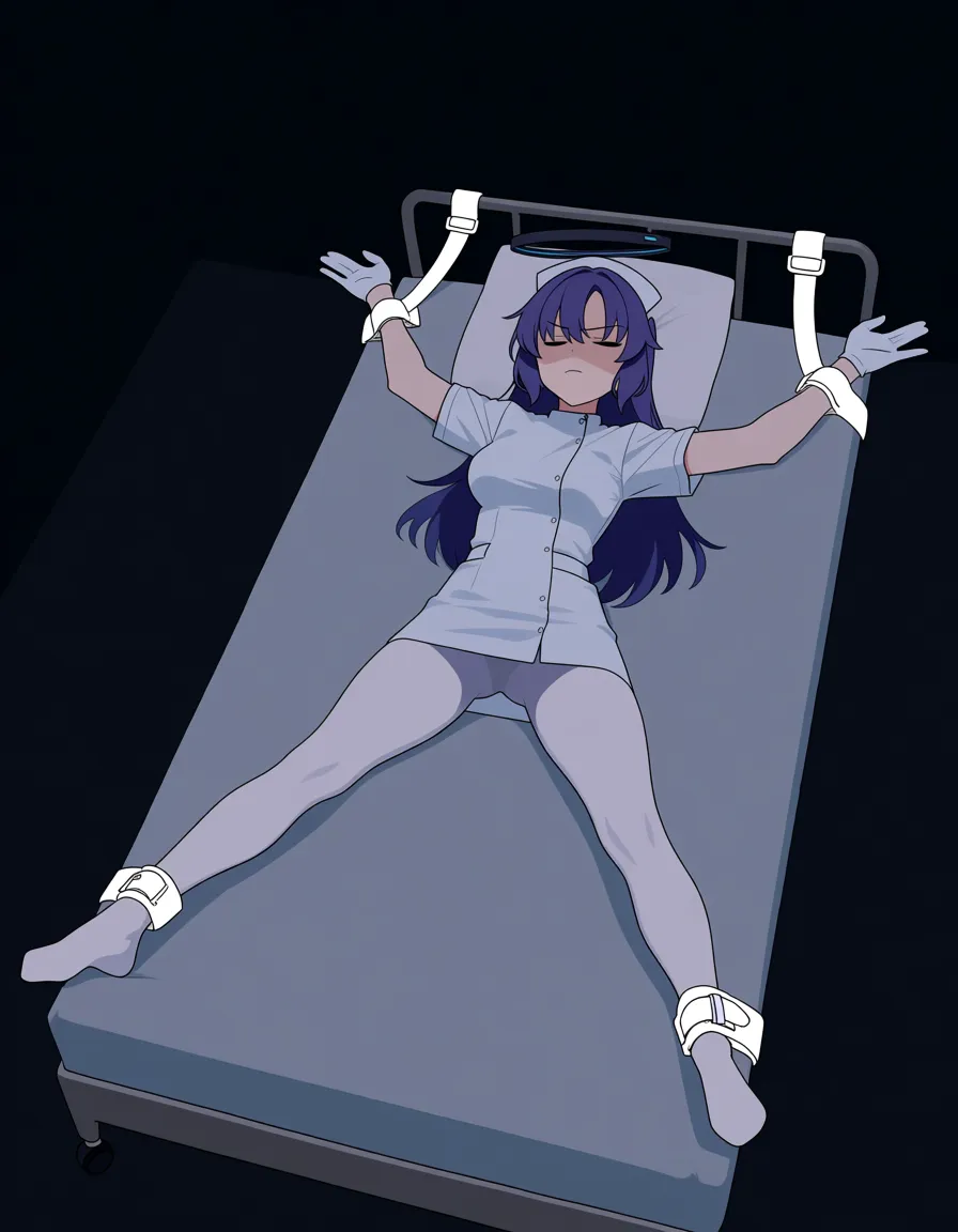 high angle shot, full body view.
 
yuuka (blue archive), wearing white nurse outfit, with white gloves and long white pantyhose, annoyed , spread eagle pose

Hospital bed, lying on back, lying on bed with white pillow, dark room with dim light.

 bondage, restrained, right hand is restrained with white belt that connected to the right top corner of the bed, left hand is restrained with white belt that connected to left top corner of the bed, right leg restrained using belt attached to right bottom corner of the bed, left leg restrained using belt attached to left bottom corner of the bed.,, hentai_studio_quality, hentai_studio_quality, hentai_studio_quality