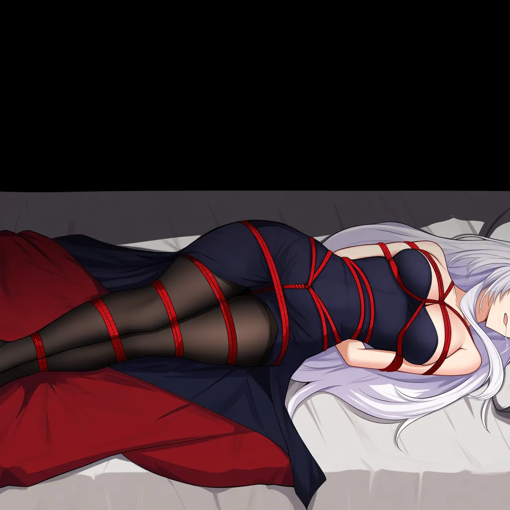 belfast_(azur_lane) bedroom pillow lying on bed, black_nightgown, black pantyhose, bondage shibari_over_clothes bound_arms ball_gag drooling annoyed looking_at_viewer, face close-up, hentai_studio_quality, hentai_studio_quality