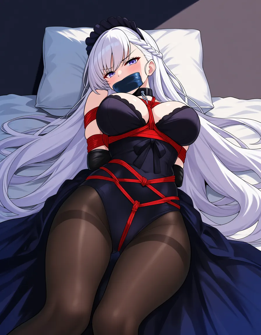 belfast_(azur_lane) bedroom pillow lying on bed, black_nightgown, black pantyhose, bondage shibari_over_clothes bound_arms gag annoyed, from_front, hentai_studio_quality, hentai_studio_quality