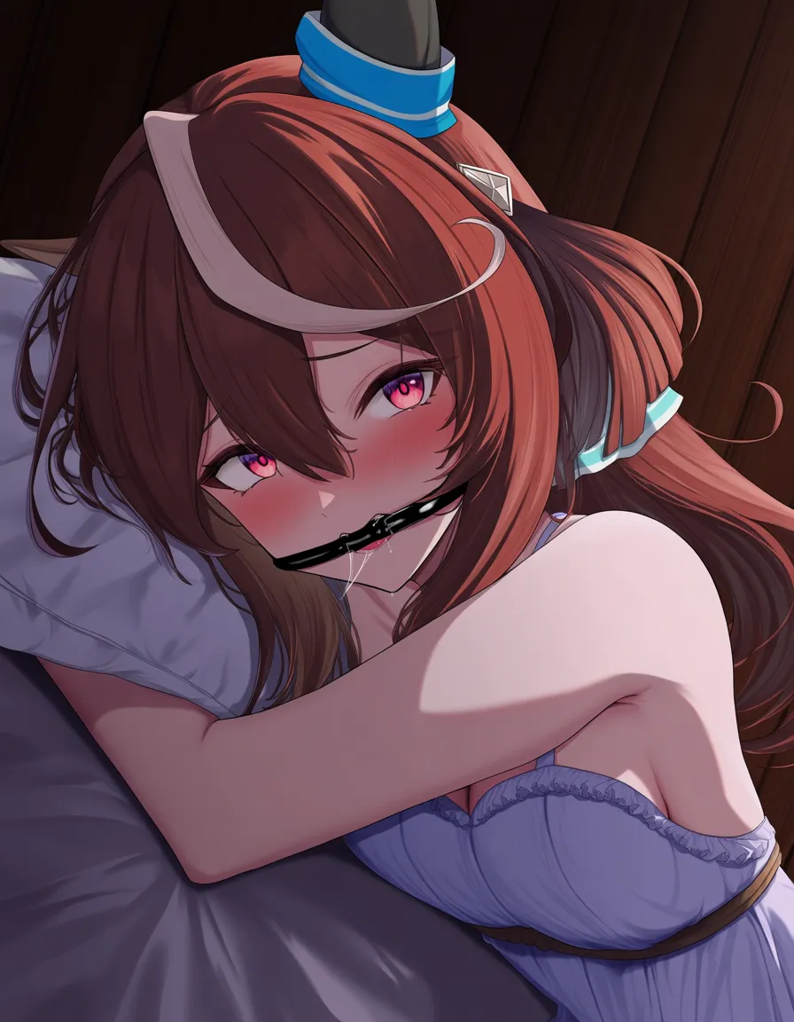 @daiwa_scarlet_(umamusume) nightgown bedroom on_bed lying on bed pillow bondage shibari gag drooling saliva, hentai_studio_quality, hentai_studio_quality