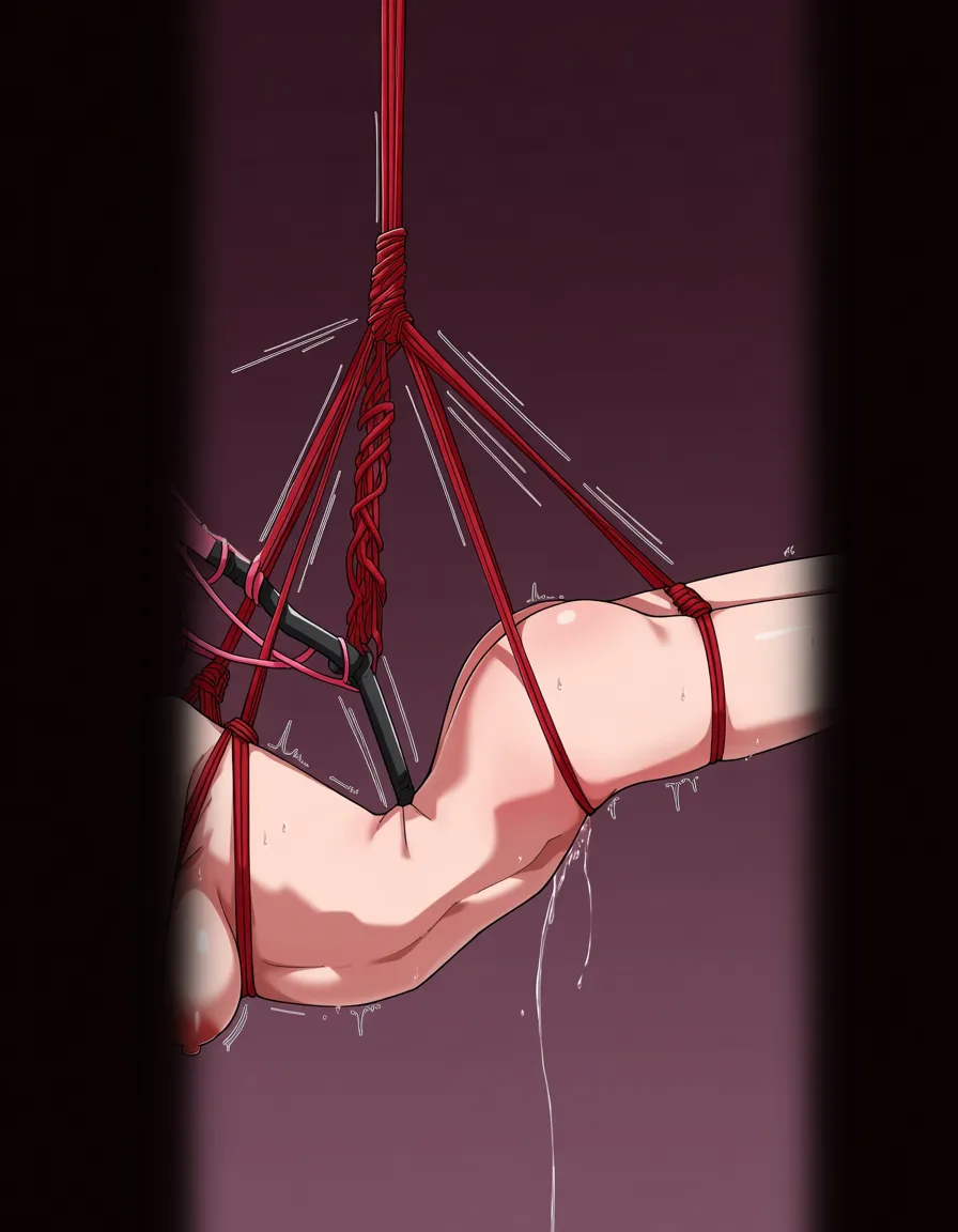 1girl @asuna_(blue_archive) lingerie bedroom on_stomach bondage shibari hogtied annoyed, red_ball_gag drooling from_side, hentai_studio_quality