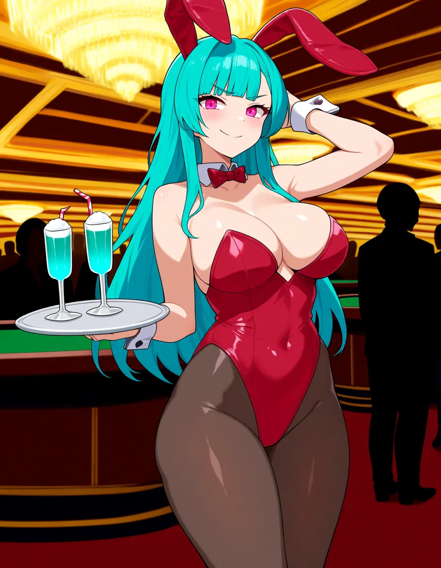 masterpiece, fine detail, 1girl, solo focus, large breasts, playboy bunny, long aqua hair, pink eyes, casino, holding tray, afrobull style, hentai_studio_quality