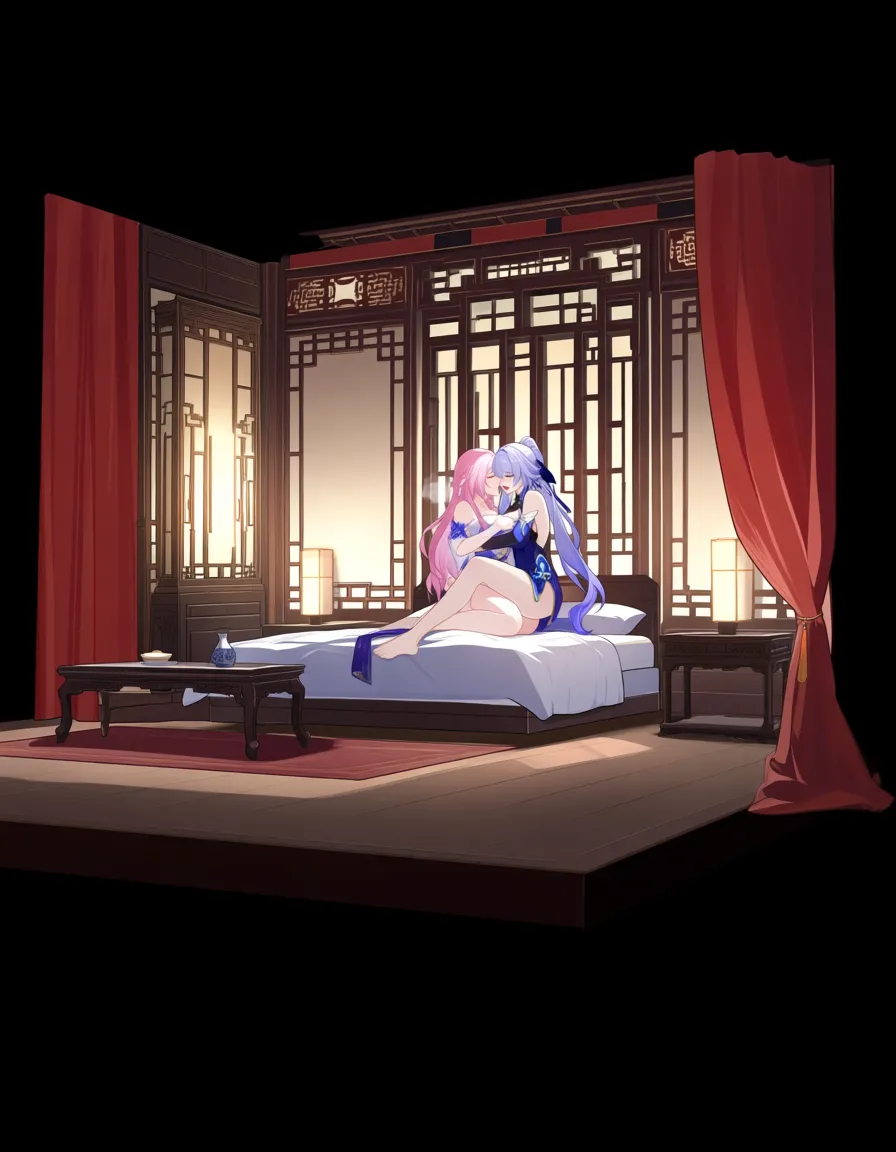 2 girls yuri sex , futa @stelle_(honkai:_star_rail) is fuking @jingliu_(honkai:_star_rail) while shes moaning and hugging a pillow , both are using a china_dress in a traditional chinese unlit bedroom, sex_from_behind, hentai_studio_quality, hentai_studio_quality , hentai_studio_quality , hentai_studio_quality, hentai_studio_quality