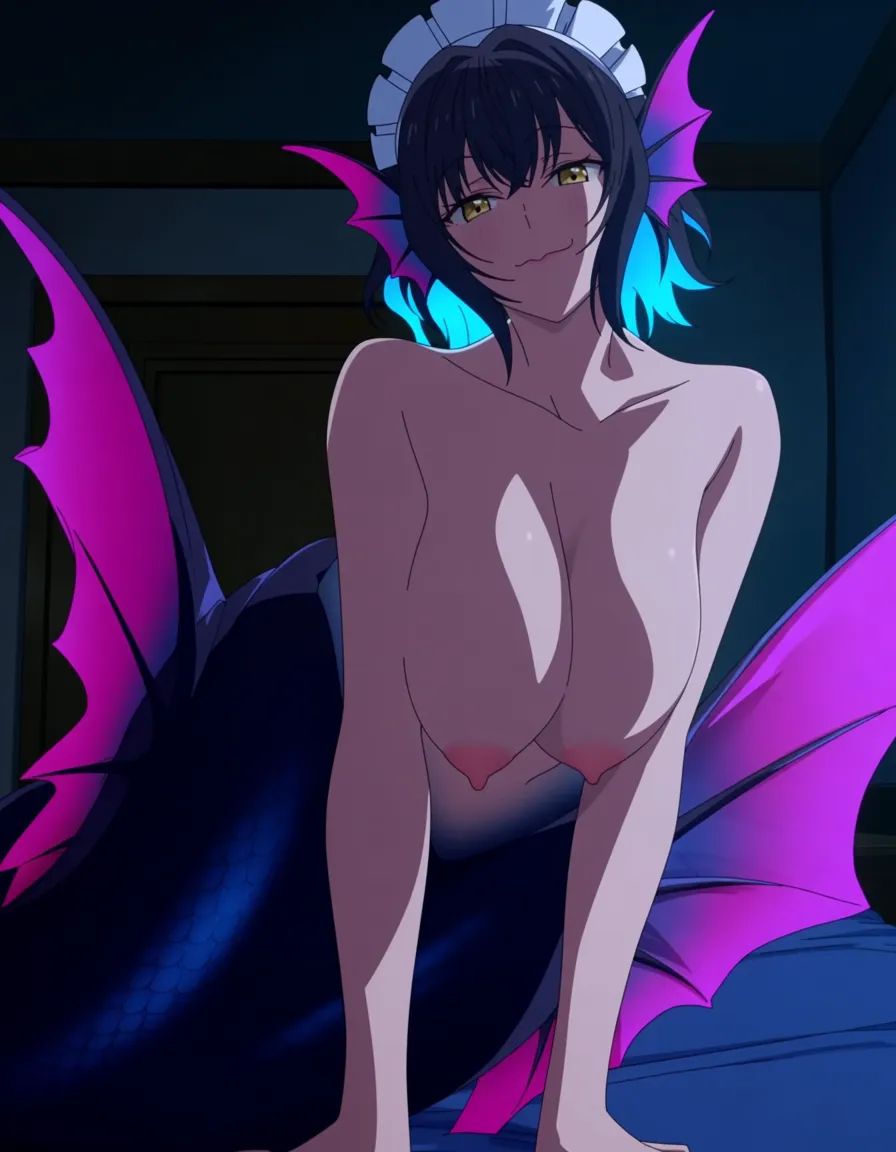 best quality, detailed anime illustration, adult fictional woman, maid-mermaid, short dark hair with electric blue highlights, white maid headband, nude topless with bare breasts, dark iridescent mermaid tail with pink-purple fluke, underwater fantasy bedroom, flirty adult expression, tasteful pin-up composition, clearly 18+, (anime style:1.3), 2d, anime screencap, cel shading, flat color