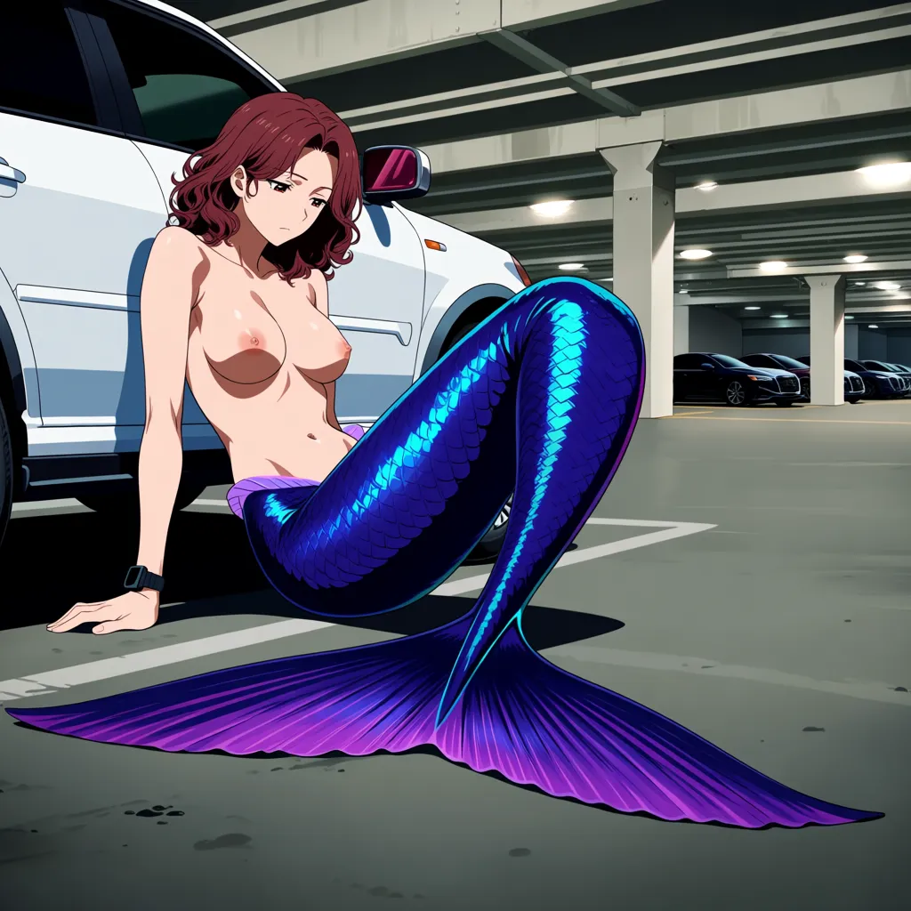 masterpiece, best quality, clean modern anime illustration, solo adult woman age 25, curly medium-length auburn reddish-brown hair, fair skin, calm slightly pensive expression looking down and aside, no glasses, mermaid, topless bare breasts, no bra, no lingerie, seated on a grey concrete indoor parking garage floor, upper back and shoulder leaning against the front tire of a white Audi-like SUV, same side 3/4 camera angle as reference, relaxed bent knees, tail from waist, dark blue emerald purple iridescent metallic scales, huge broad mermaid fluke spread across the floor in foreground, smartwatch on left wrist, white concrete pillars and ceiling beams, faint parked cars in background, overhead garage lights, full body composition, not POV, not a different location, no text, no watermark, (anime style:1.3), 2d, anime screencap, cel shading, flat color