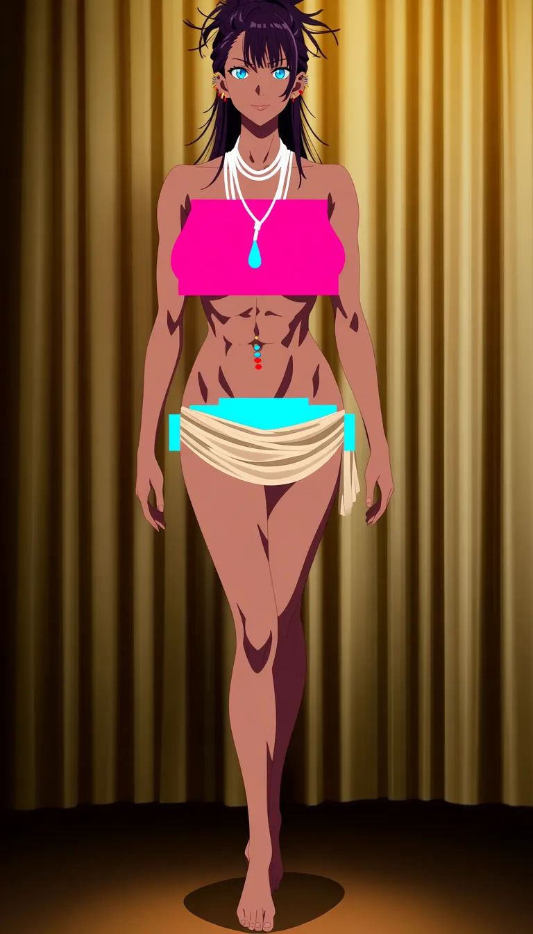 masterpiece, best quality, clean modern 2D anime, adult human woman age 25, solo, full body standing head to toe, feet fully visible, tanned skin, toned abs, bright blue eyes, dark brownish-purple messy half-updo with choppy face-framing strands, human ears, multiple small gold ear piercings, small red earring on right ear, white cord necklace with teardrop pendant split magenta pink top and cyan blue bottom, navel piercing with blue and red beads, completely topless bare breasts, no shirt no bra no armor no bodysuit, implied nude lower body tastefully covered by one hand and a small beige cloth scrap across the hips, no visible genitals, no vulva, non-explicit, standing gracefully in front of beige curtains with vertical folds, warm indoor lighting, centered, generous margin, vertical 9:16 full-length portrait, hentai_studio_quality