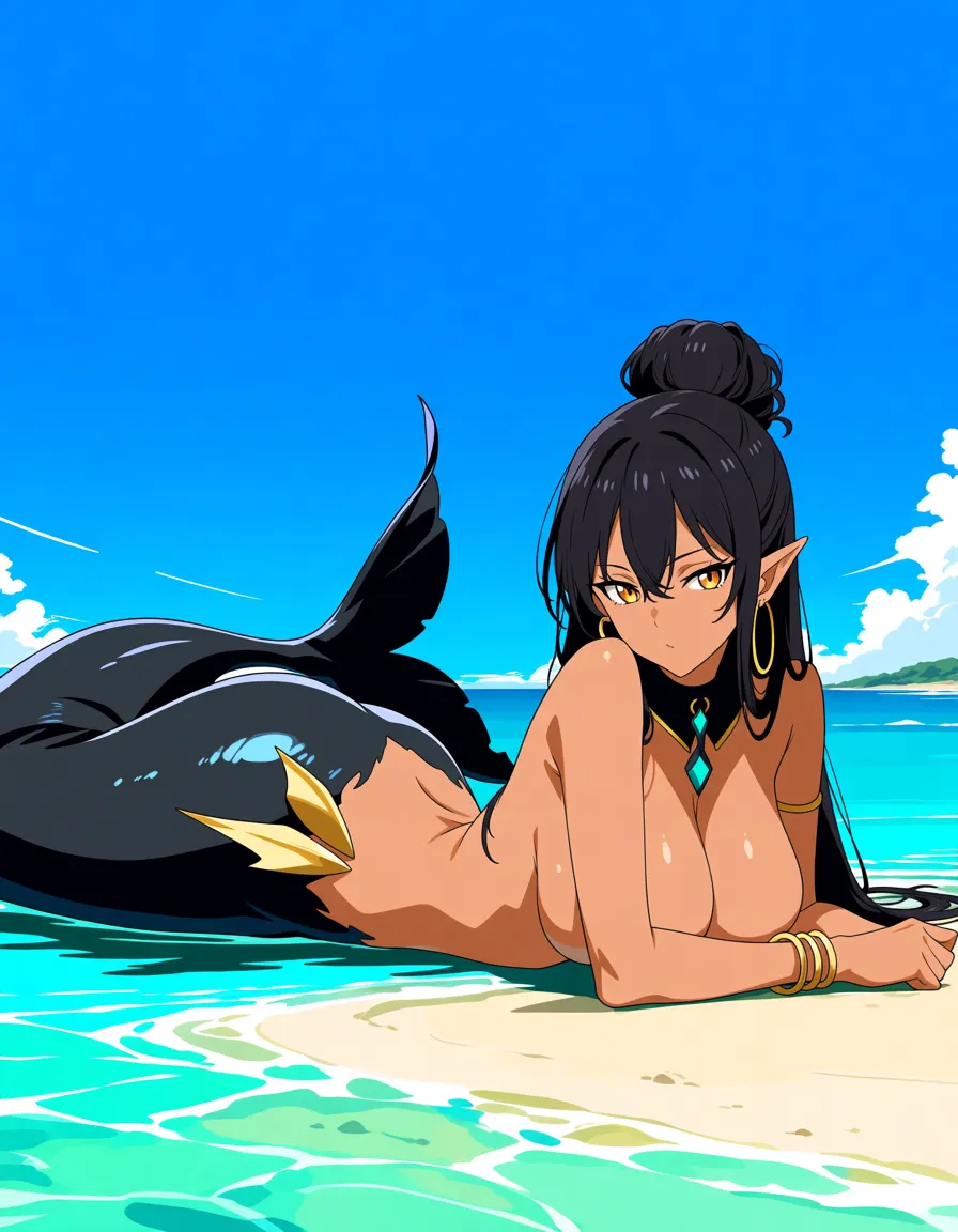 masterpiece, best quality, anime, 1girl, solo adult mermaid woman age 25, dark-tan skin, long black hair, high bun, bangs floating in water, amber eyes, pointed ears, gold hoop earrings, black choker with teal diamond gem, gold bracelet, armband and shoulder chain, topless nude upper body, bare breasts, absolutely no bikini top, semi-prone horizontal pose in shallow turquoise water, torso propped on both arms, looking back over right shoulder, glossy charcoal-black mermaid tail, gold arrowhead hip ornament, yellow-gold fluke visible, sandy beach, bright blue sky behind, exact side three-quarter camera angle, one character only, no people, no duplicate, (anime style:1.3), 2d, anime screencap, cel shading, flat color