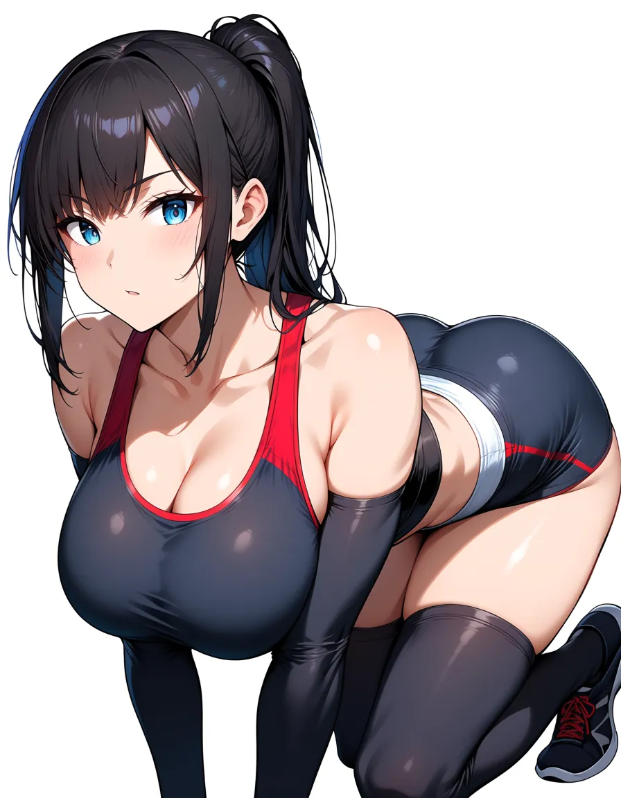 masterpiece, clean art, fitness model, thighhighs, detached sleeves, on all fours, simple background, anime style, hentai_studio_quality