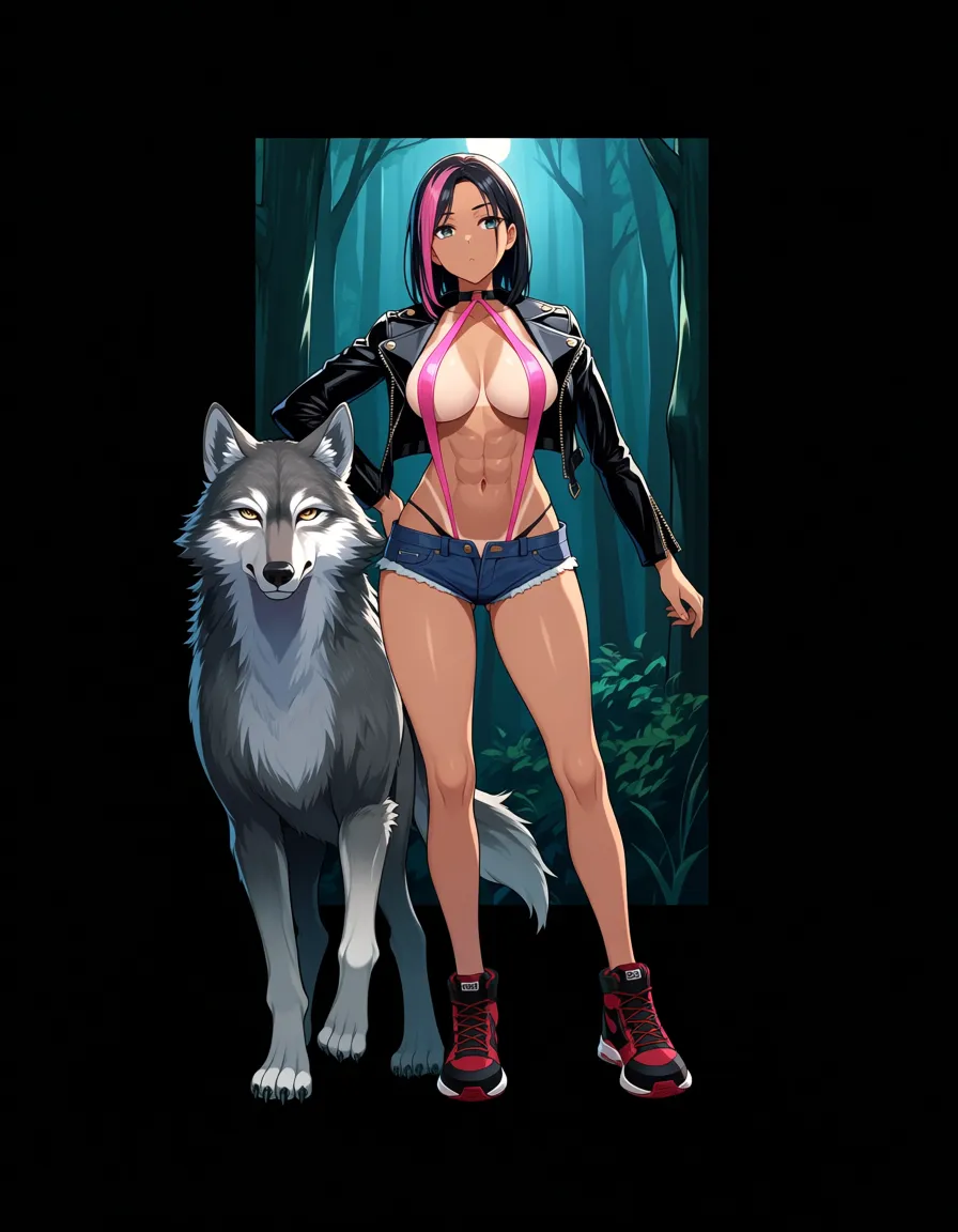 absurdres, highres, 1girl, 1animal, black_hair, two-tone_hair, Rose-pink streaked_hair, Forest, outdoors, full_moon, tan female, athletic, abs, small_breasts, straight-on,  medium_hair, forehead_exposed, looking_ahead, Looking_at_viewer, no_tanlines, masterpiece, ultra_detailed, best_quality, best_lighting, sharp_focus, Wolf

(Black, BREAK leather, Jacket, biker style BREAK cropped, BREAK Unzipped, Open, BREAK off shoulders, BREAK Topless underneath)
(Rose-Pink, BREAK Highleg_g-string, BREAK Micro, Minimalist, BREAK straps high on hipbone) (Black, BREAK Denim, Short-shorts, BREAK low-rise, buttoned, BREAK micro, minimalist style, BREAK low on hipbone) (Black, BREAK two-tone, Red, BREAK hightop_sneakers,)

A girl stands in the forest wearing a black biker style cropped jacket that's hanging open and her breasts on display, a rose-pink highleg_g-string pulled high so that its straps sits high on her hipbone, her short-shorts are actually micro_shorts due to the lack of fabric they're pulled low on her hipbone and two-tone hightop sneakers that are black and red. beside her is a wolf with Gray fur that looks Silver due to the way the moon shines off of it, hentai_studio_quality