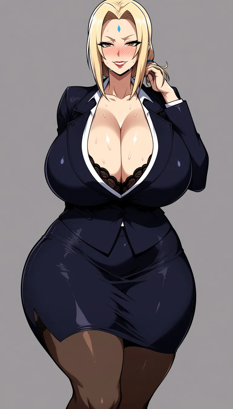 Tsunade, krekkov(artist), suit, skin_tight, lace-trimmed_legwear, huge_breasts, office_lady, wide_hips, curvy, cleavage, masterpiece, black_choker, shiny_skin, sweat, hand_in_own_hair, looking_at_viewer, hanging_breasts, seductive_smile, 1girl, good anatomy, blush, hentai_studio_quality
