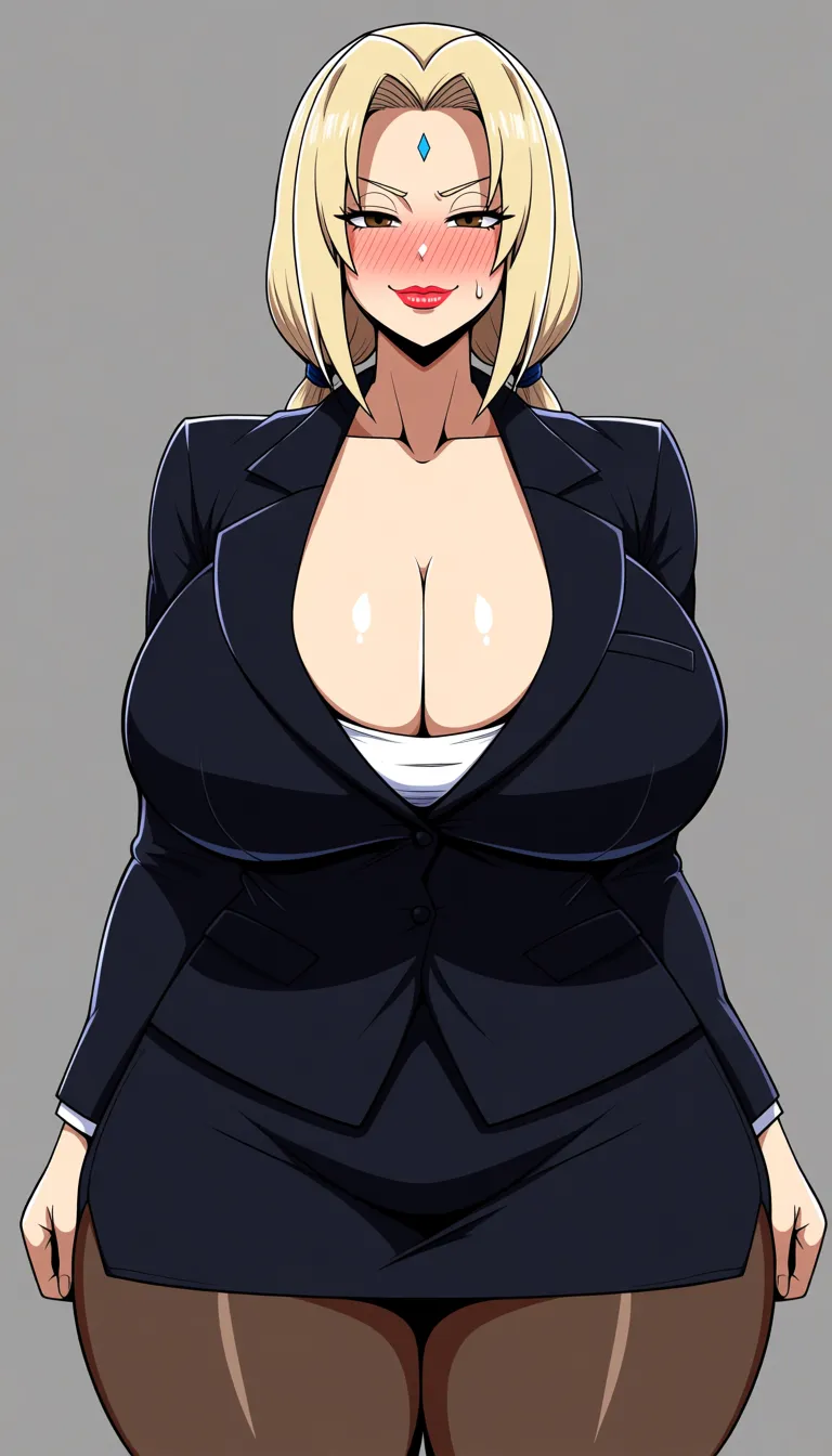 Tsunade, krekkov(artist), suit, skin_tight, lace-trimmed_legwear, huge_breasts, office_lady, wide_hips, curvy, cleavage, masterpiece, black_choker, shiny_skin, sweat, hand_in_own_hair, looking_at_viewer, hanging_breasts, seductive_smile, 1girl, good anatomy, blush, lewd, hentai_studio_quality