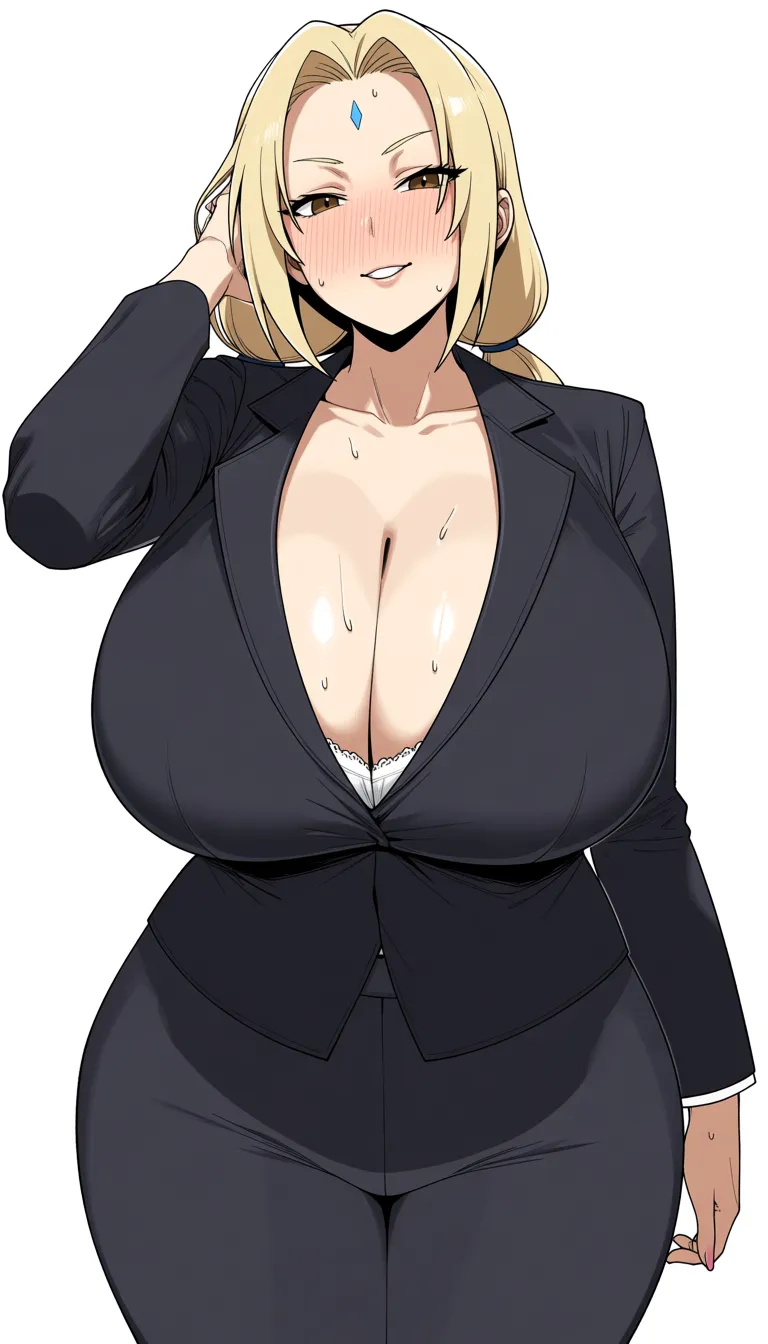 Tsunade, bobtheneet(artist), suit, skin_tight, lace-trimmed_legwear, huge_breasts, office_lady, wide_hips, curvy, cleavage, masterpiece, black_choker, shiny_skin, sweat, hand_in_own_hair, looking_at_viewer, hanging_breasts, seductive_smile, 1girl, good anatomy, blush, hentai_studio_quality