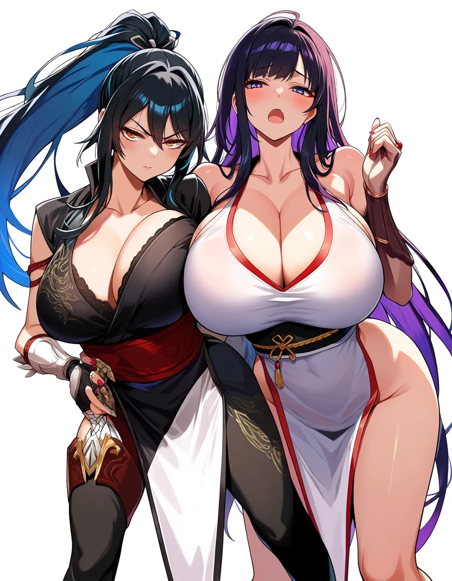masterpiece, clean art, 2girls, huge breasts, official alternate costume, facesitting, transparent background, smoldering look, manga panel look, hentai_studio_quality