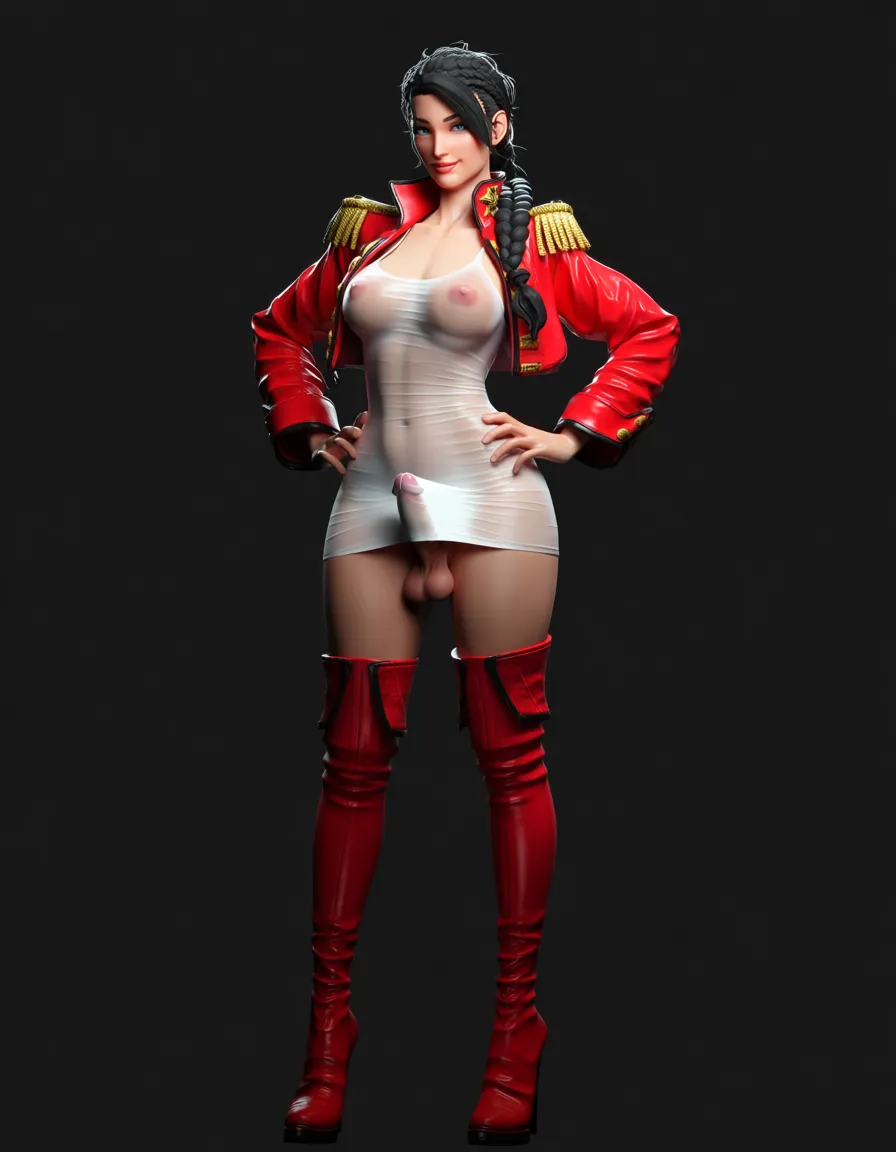 futanari, Futanari, 1futa, small erect penis, 
Wearing white transparent dress, with penis under dress. (Erect penis and nipples showing under dress), erect penis under dress,  penis pointing up,  wet patch at top of penis ,  no panties, thigh high red boots , open red military style jacket , hands on hips., 30 year old, standing in bar , braided black hair, blue eyes, heart shaped face, beautiful. s, score_9, score_8, 3d render, octane render, subsurface scattering, ray tracing, smooth shading, score_9, score_8, 3d render, octane render, subsurface scattering, ray tracing, smooth shading