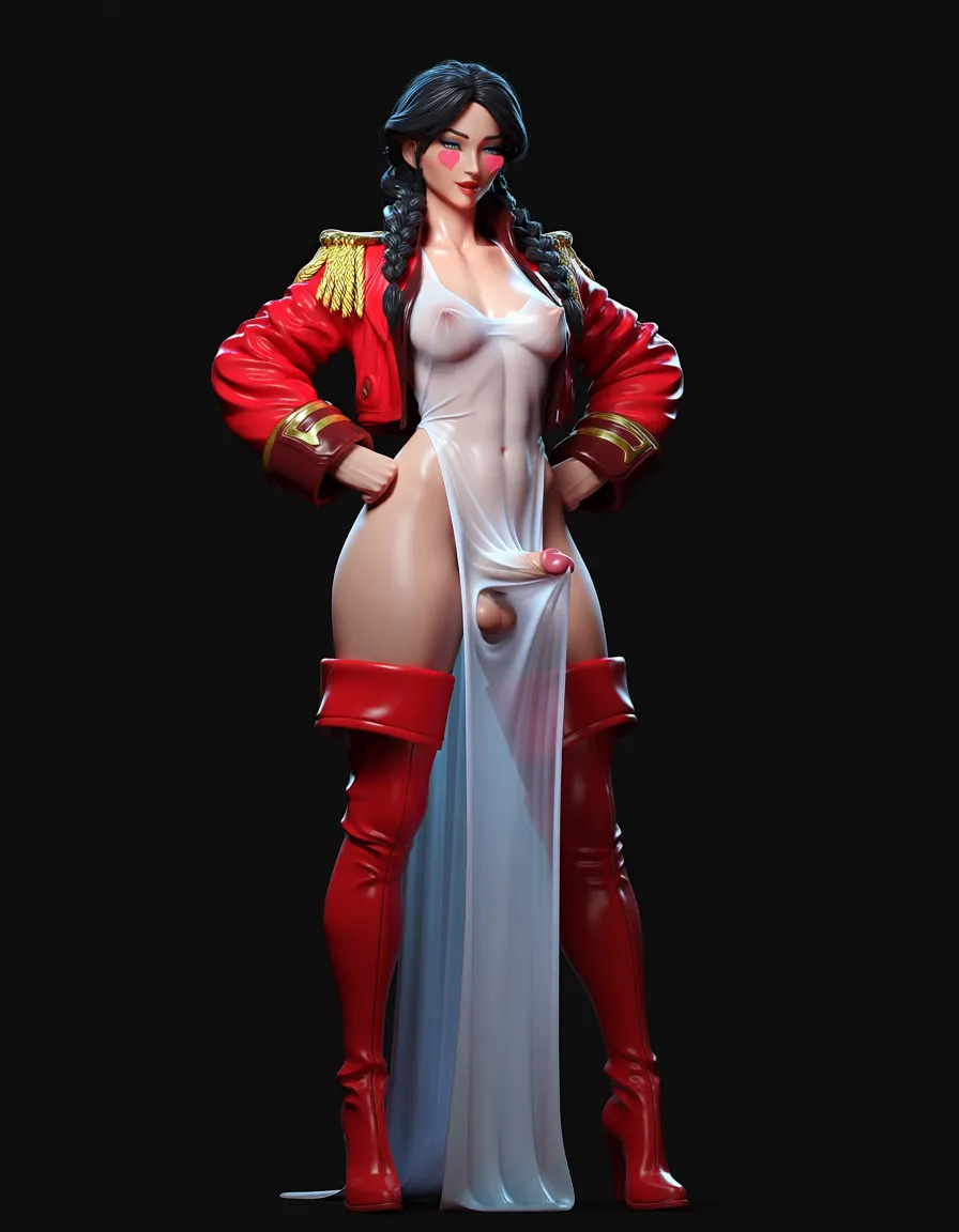 futanari, Futanari, 1futa, small erect penis,
Wearing long white transparent dress, with penis pointing up under dress. (Erect penis and nipples showing under dress), no panties, thigh high red boots , open red military style jacket , hands on hips., 30 year old, standing in bar , braided black hair, blue eyes, heart shaped face, beautiful. s, score_9, score_8, 3d render, octane render, subsurface scattering, ray tracing, smooth shading, score_9, score_8, 3d render, octane render, subsurface scattering, ray tracing, smooth shading, score_9, score_8, 3d render, octane render, subsurface scattering, ray tracing, smooth shading, score_9, score_8, 3d render, octane render, subsurface scattering, ray tracing, smooth shading