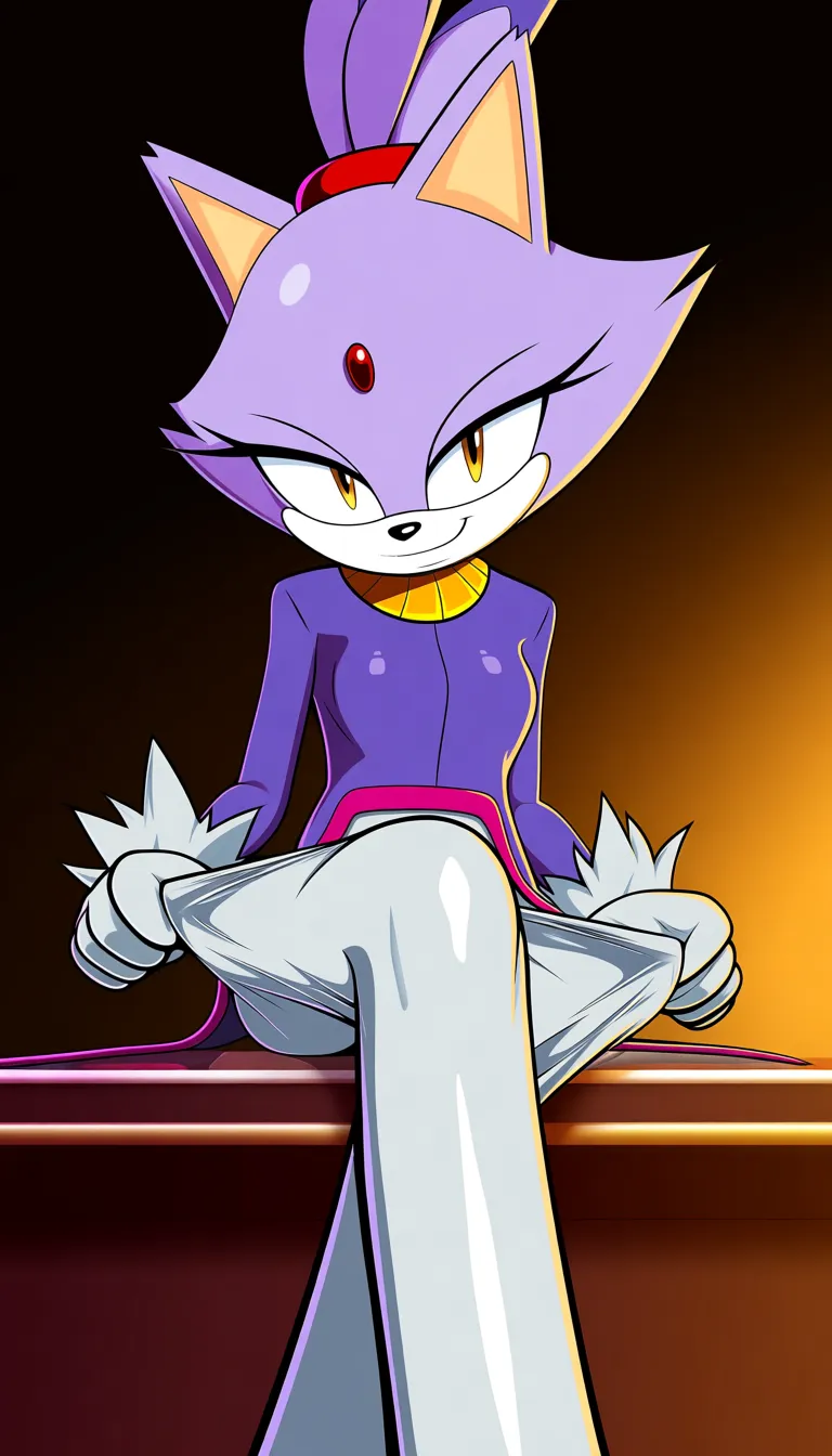 Blaze the Cat, classic Sonic franchise art style, wide white muzzle, feline nose, mature adult female anthropomorphic cat, purple fur, red forehead jewel, gold collar. (Art Style: High-end modern 3D cel-shaded digital illustration, glossy white legwear, thin precise lineart, polished lighting, volumetric warm golden rim light, soft gradient shadows, semi-realistic anime style, reflective glossy floor, thin black outlines). Confident smirk, half-lidded seductive eyes, pulling leggings down, sitting on a luxurious floor. Masterpiece, sharp focus, digital painting, warm ambient background., hentai_studio_quality