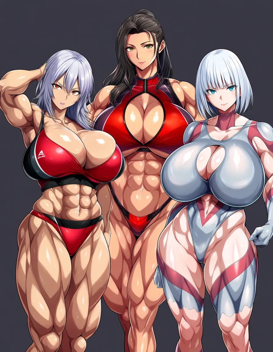 ultra detailed, 3girls, doggy style, abs, grey hair, simple background, anime style milf, hentai_studio_quality