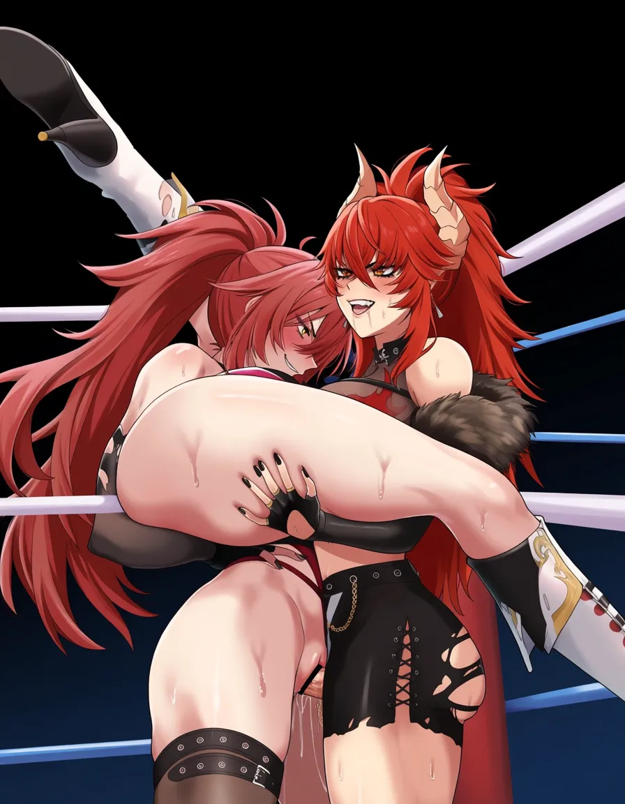 2girls , zentreya_(vtuber)_dragon_horns red_hair , @android_21_pink_skin_white_hair , yuri sex, strapon , wrestling_ring, wrestling , pussy_juice,, hentai_studio_quality, hentai_studio_quality, hentai_studio_quality, hentai_studio_quality, hentai_studio_quality