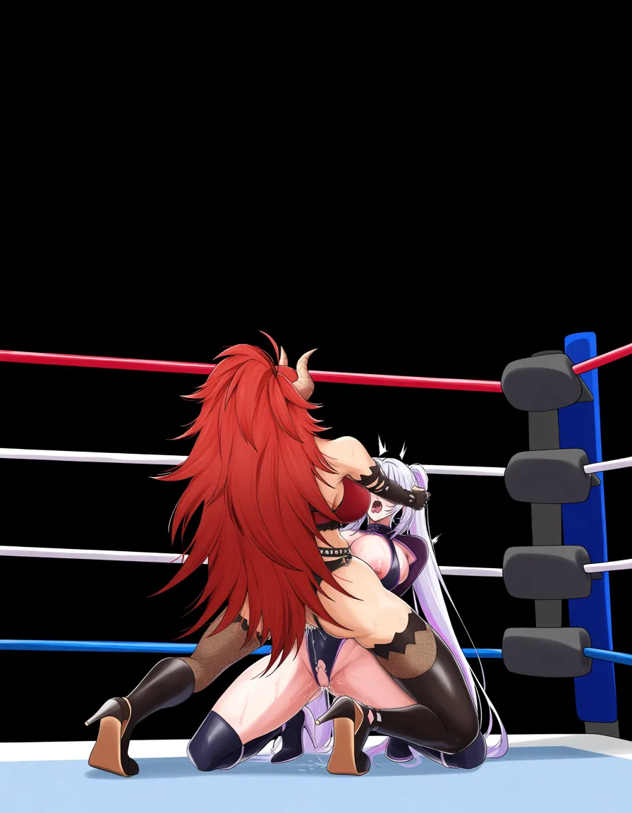 2girls , zentreya_(vtuber)_dragon_horns red_hair , @android_21_pink_skin_white_hair , yuri sex, strapon , wrestling_ring, wrestling , pussy_juice,, doggystyle, hentai_studio_quality