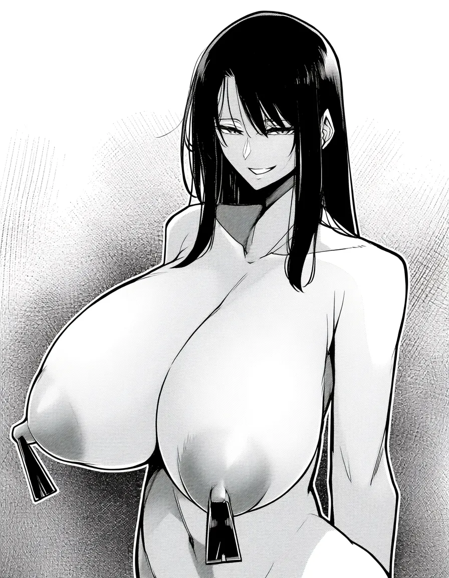 @hyuuga_hinata mature_female completely_nude full_body monochrome from_side smirk large_areolae huge_breasts neck_bell nipple clamps, naughty_face, hentai_studio_quality 1girl monochrome, lewd face, hentai_studio_quality