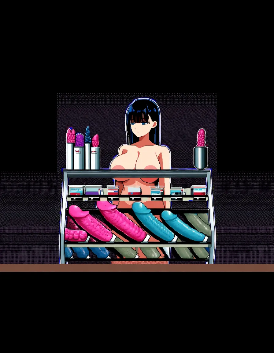 @hyuuga_hinata , pixel_art ,1girl , completely_nude , night_sky , in a shop, looking at various dildos , expressionless , big boobs, large pink areolas , mature woman,, hentai_studio_quality, hentai_studio_quality, hentai_studio_quality