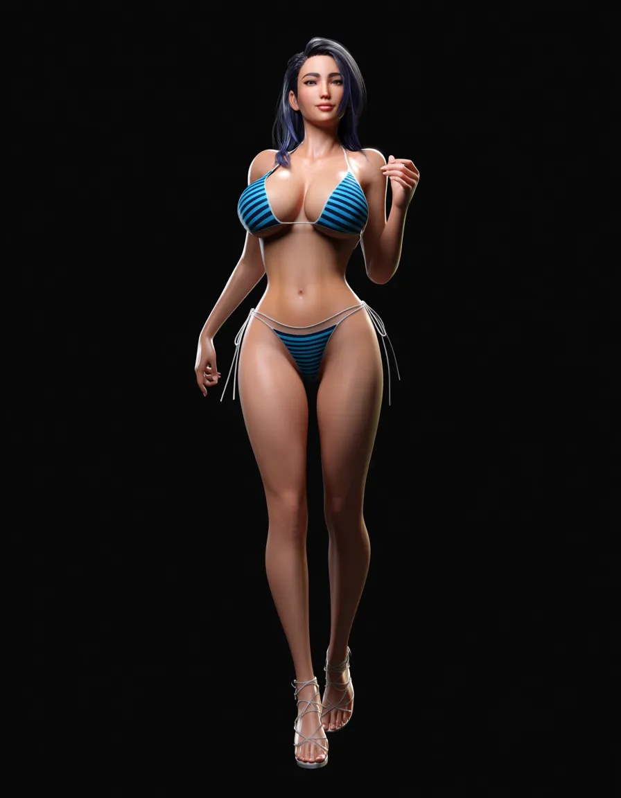 masterpiece, best quality, milf, navel, swimsuit, creampie, black background, detailed shading, score_9, score_8, 3d render, octane render, subsurface scattering, ray tracing, smooth shading