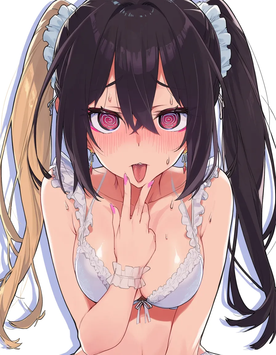 /masterpiece /ultra_detailed /highres /sharp_focus #2girls @nagatoro_hayase @kitagawa_marin #lingerie #keeling #@_@ #fellatio #indoors #lipstick #makeup #twintails, hentai_studio_quality