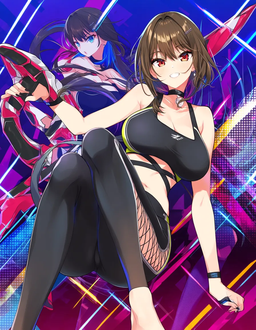 /masterpiece /ultra_detailed /best_quality /highres /sharp_focus #2girls #leggings #crop_top @nagatoro_hayase @kitagawa_marin, hentai_studio_quality