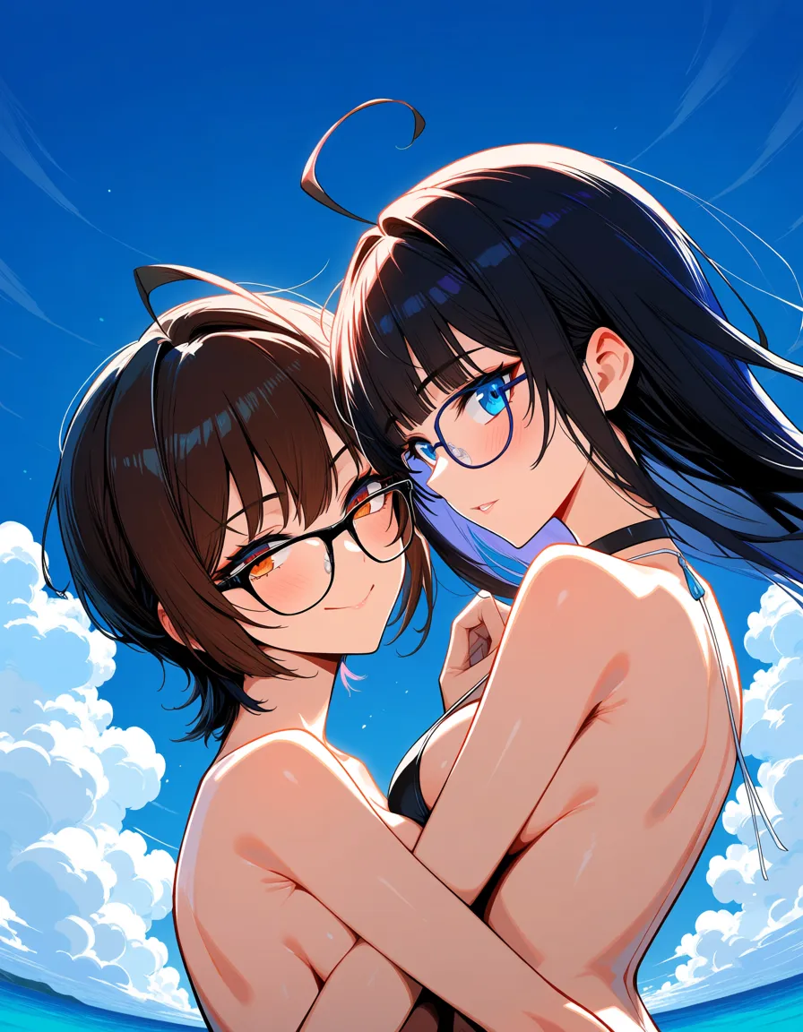highres, vivid, couple, topless, glasses, ahoge, cloud, detailed shading, hentai_studio_quality