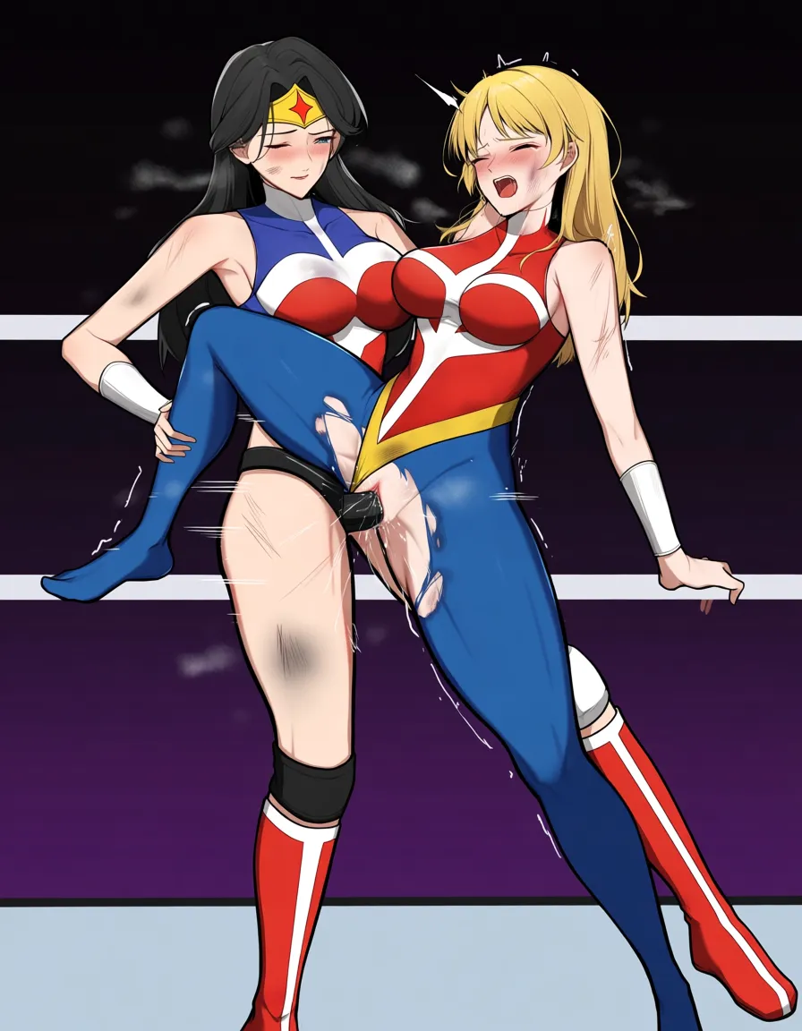 2girls , Best_quality, ultra_detailed, wonder_woman , @fern_(sousou_no_frieren) , yuri sex ,wrestling_ring wrestling defeated, pussy_juice squirting orgasm , strap-on vaginal,, bruised wince, torn_clothes,, torn_shirt leg_up,, hentai_studio_quality, hentai_studio_quality, hentai_studio_quality