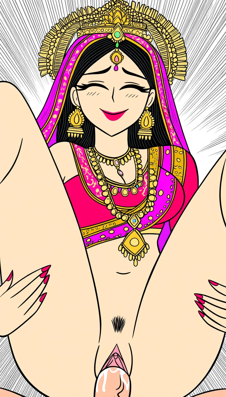 NSFW, Hindu Mother Goddess having sex with viewer, Ethnicity Hindu Indian Bengali, Gentle Smile of satisfaction as she reaches the climax, lipstick, Traditional Saree, Adorned in Traditional Indian Village Bridal Attire and Indian Jwellery with goddess crown, pussy sex, 2d geometrical art