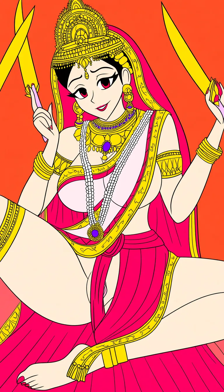 NSFW, Hindu Mother Goddess having sex with viewer, Ethnicity Hindu Indian Bengali, Gentle Smile of satisfaction as she reaches the climax, lipstick, Traditional Bengali Saree, Adorned in Traditional Indian Village Bridal Attire and Indian Jwellery with goddess crown, pussy sex, 2d geometrical art