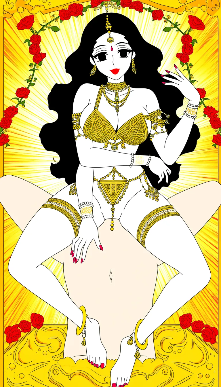 Real Graceful Hindu goddess Mother Maa Durga with fair skin and multiple arms and natural curvy figure, almond shaped big black eyes with fine long eyelashes, long black curly hair upto hips,having sex with viewer from_front_position, missionary position deep penetration on a golden bed, pov vaginal sex, sexy erotic smile, devine look, bright red lipstick, nailpolish, gold Intricate triangle  cup bra with cleavage, adorned in intricate make up, armlets, bracelets, anklets, thighlets, cummerbund, ornaments, necklace, flowers around, mother being Seductive with the loose bra strap, and suggestive gesture, closup near her lips