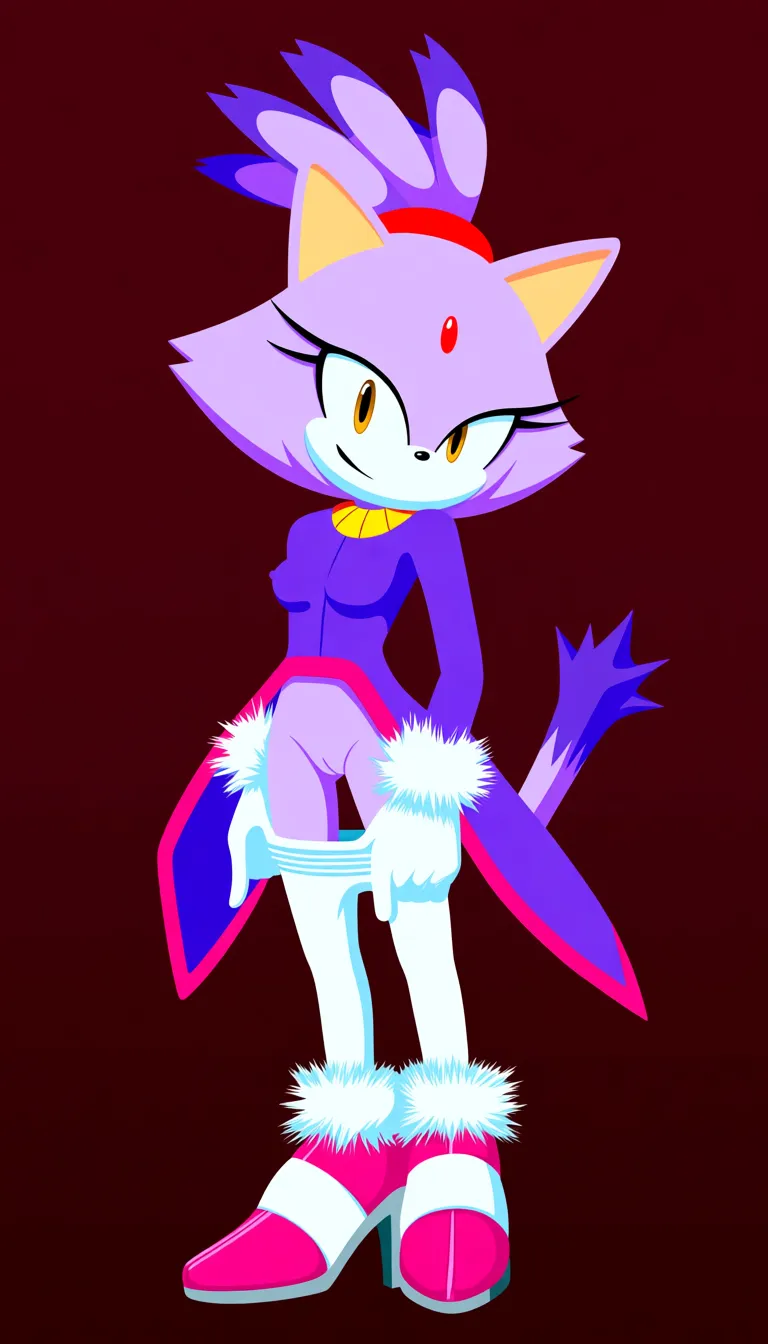 Blaze the Cat, mature adult female, purple fur, red jewel,a royal purple tailcoat with rose-pink trim, a gold neck collar, white leggings, white gloves with fluffy white cuffs, and rose-pink high-heeled shoes with matching fluffy cuffs gold collar. (Style: Saturated digital painting, 2D art with painted volume, rich vibrant colors, anime illustration, soft painted shadows, painted highlights (not reflective), flat cell-shading blended with airbrush, high saturation, hand-drawn look). Confident smirk, half-lidded eyes, pulling leggings down, seductive pose,pussy, nipples,  warm background, Masterpiece, fine art, stylized, matte finish, no reflections, vivid colors, high contrast, saturated palette, hentai_studio_quality, hentai_studio_quality