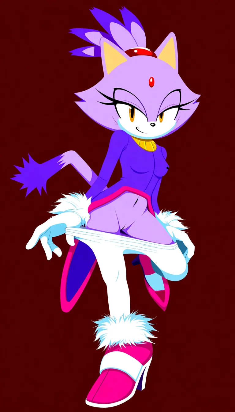 Blaze the Cat, mature adult female, purple fur, red jewel,a royal purple tailcoat with rose-pink trim, a gold neck collar, white leggings, white gloves with fluffy white cuffs, and rose-pink high-heeled shoes with matching fluffy cuffs gold collar. (Style: Saturated digital painting, 2D art with painted volume, rich vibrant colors, anime illustration, soft painted shadows, painted highlights (not reflective), flat cell-shading blended with airbrush, high saturation, hand-drawn look). Confident smirk, half-lidded eyes, pulling leggings down, seductive pose,pussy, nipples,  warm background, Masterpiece, fine art, stylized, matte finish, no reflections, vivid colors, high contrast, saturated palette, hentai_studio_quality, hentai_studio_quality, hentai_studio_quality, hentai_studio_quality