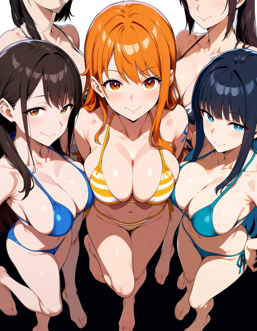 nami_(one_piece), ultra detailed, sharp focus, 5girls, sidelocks, swimsuit, leg up, from above, soft anime shading, hentai_studio_quality