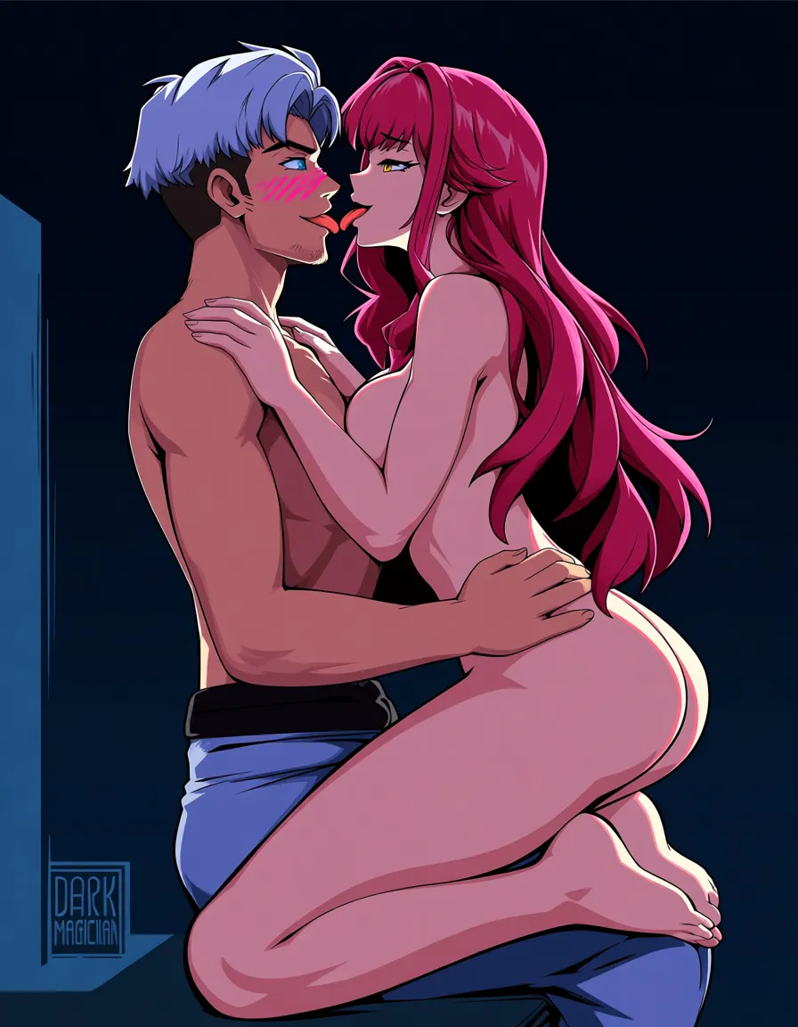 akairiot_artstyle, @dark_magician_girl, 1girl, 1boy, ass, naughty_face, blush_stickers, tongue, nude, facesitting, full_body, from_side, (anime style:1.3), 2d, anime screencap, cel shading, flat color, @00osamio00