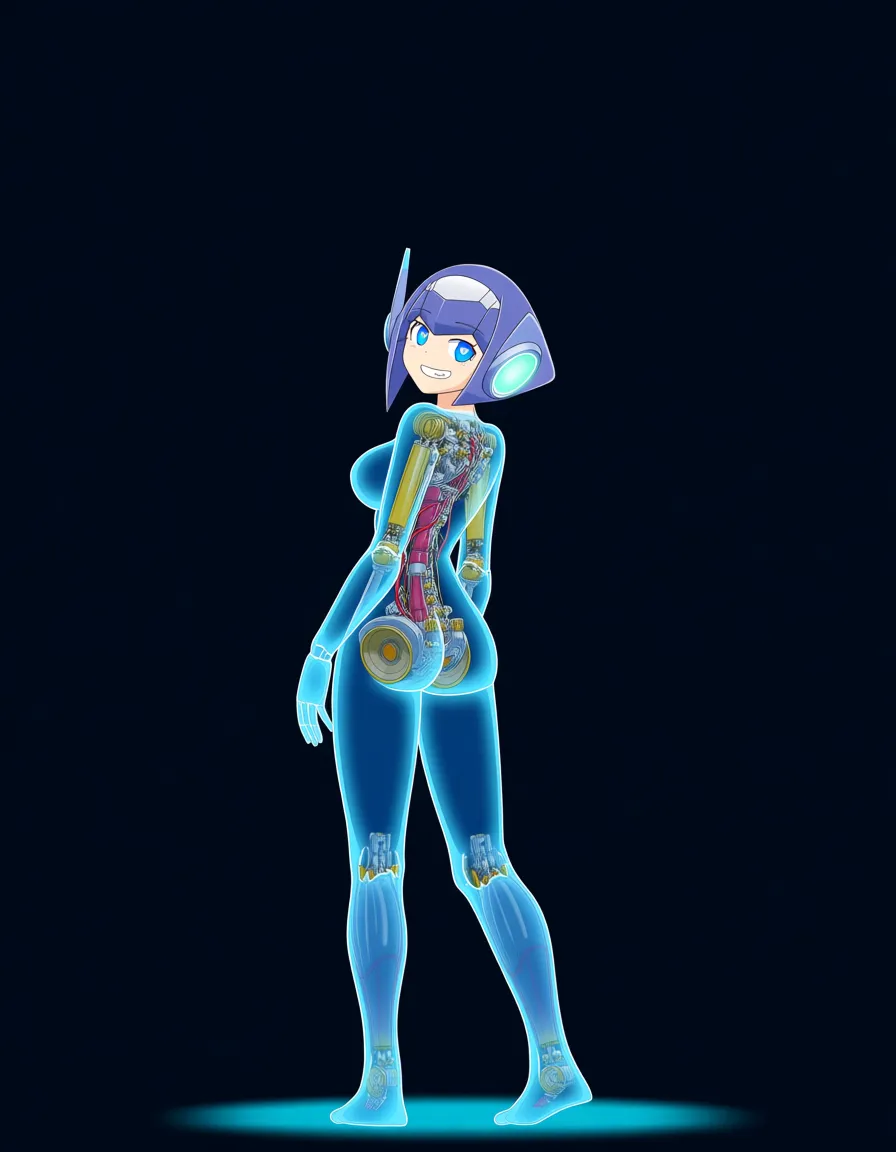 afrobull_artstyle, @hatsune_miku, 1girl, android, robot_girl, see-through_body, glass, machinery, exposed_internal_machinery, translucent, ass, nude, grin, full-face_blush, heart-shaped_pupils, glowing, standing, looking_back, full_body, (anime style:1.3), 2d, anime screencap, cel shading, flat color, @00osamio00