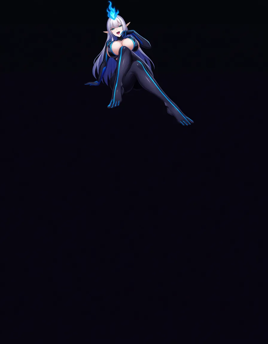 sexy woman, pitch black skin, 1,6 meters high, blue shining mouth, from below, crossed legs sit, open mouth, middle boobs open, elf ears, shadow flames, hentai_studio_quality