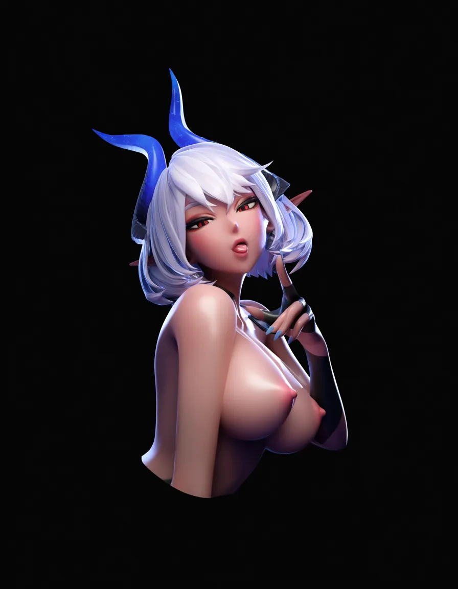 ultra detailed shading, demon girl, seductive gaze, blowjob, skindentation, white hair, anime style, nipples on her face, score_9, score_8, 3d render, octane render, subsurface scattering, ray tracing, smooth shading