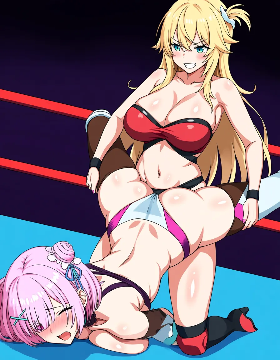 2girls , Best_quality, ultra_detailed, harley_quinn-blonde_hair , @ram_(re:zero)-pink_hair, yuri sex ,wrestling_ring wrestling defeated, pussy_juice squirting orgasm , strap-on  vaginal, wince,,, doggystyle, hentai_studio_quality, hentai_studio_quality, hentai_studio_quality, hentai_studio_quality