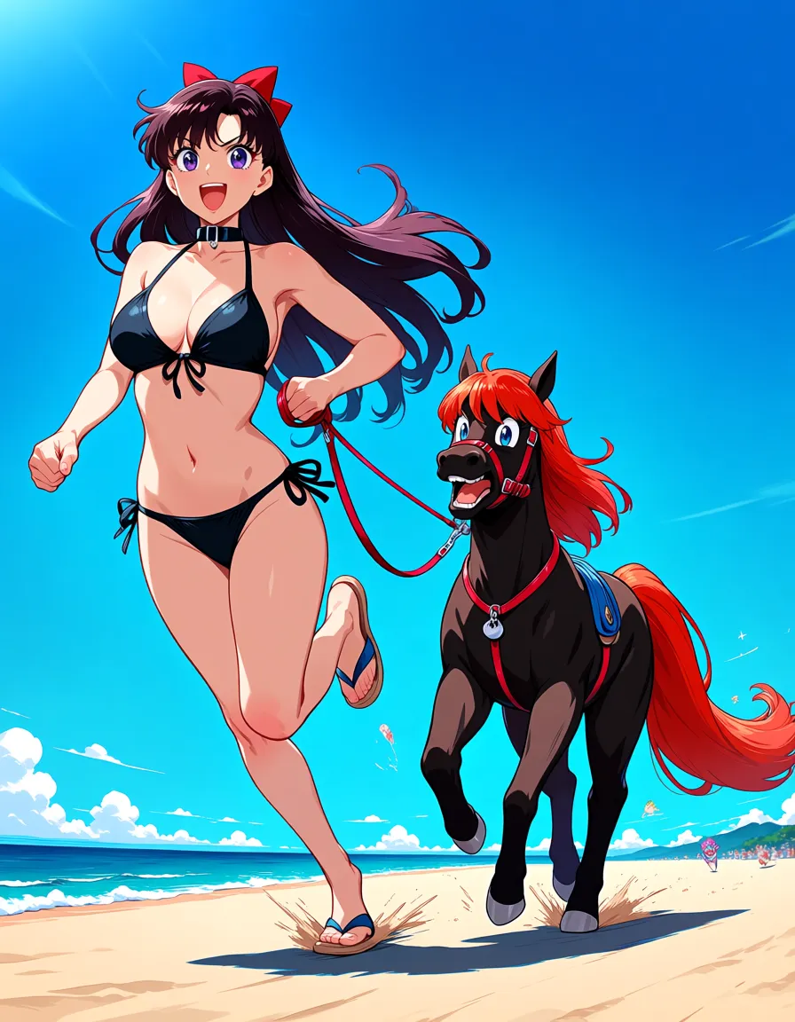 masterpiece , highly detailed , sailor_pluto , black_bikini , leash , ponyplay, running , beach , hentai_studio_quality,, hentai_studio_quality