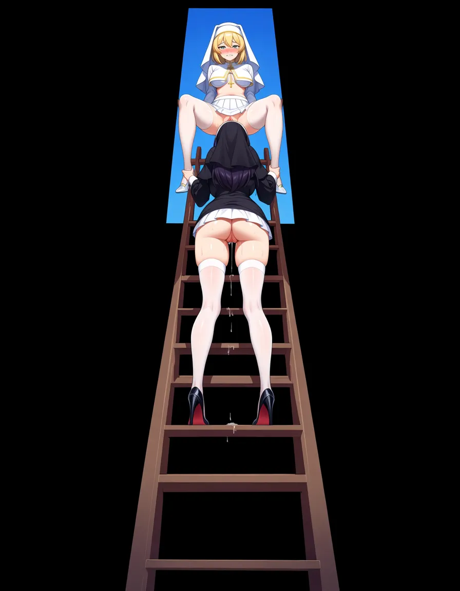 hentai, uncensored, explicit, 2girls, gothic cathedral, tall wooden ladder, low angle view from below,
blonde nun Celia in short open white nun habit, white mini skirt, white stockings, high heels, stuck halfway on the ladder, upper body above the opening, lower body and ass hanging down through the hatch, legs spread on the ladder rungs, flushed face looking forward, biting lip, trying to hide pleasure,
dark-haired nun Formi in short open black nun habit, stockings, high heels, standing on the ladder directly below Celia, licking her exposed pussy, tongue visible, cunnilingus, fluids dripping down,
only two girls, clear separation, Celia above, Formi below, no extra people, high detail, digital anime style, Russian speech bubbles, hentai_studio_quality