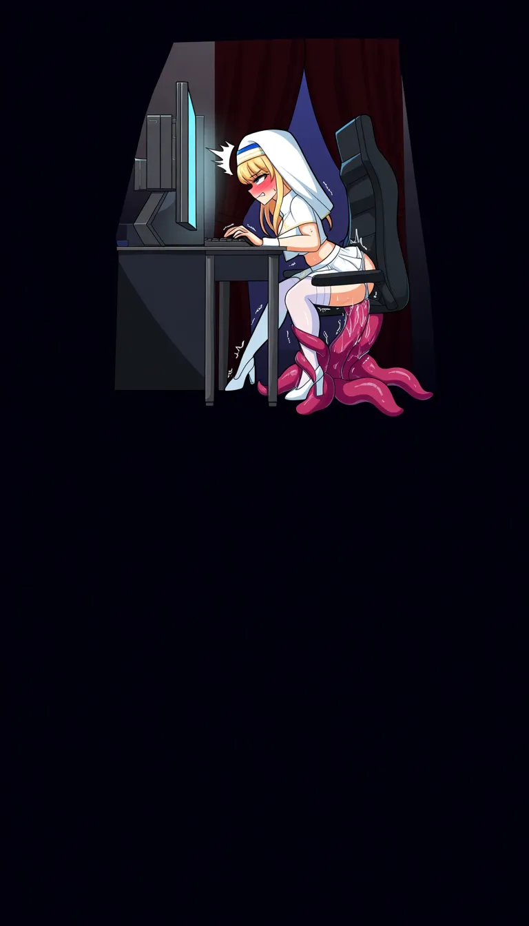 hentai, uncensored, explicit, 1girl, blonde nun Celia, short open white nun habit, white mini skirt, white stockings, high heels, panties pushed aside, sitting at a computer desk in a gothic room,
urgently typing on the keyboard and looking at the screen, focused on opening the door through the computer, concentrated expression with heavy blush and sweat,
mimic chair, thick tentacles under the desk fucking her, one tentacle thrusting deep in her pussy, another rubbing her clit, tentacles wrapped around her thighs, wet fluids dripping, clothes remain on,
her body slightly tense and trembling, hands still on the keyboard, trying to keep working and hide the pleasure, biting her lip,
high detail, digital anime style, NSFW, detailed face and pussy, cinematic lighting, hentai_studio_quality, hentai_studio_quality