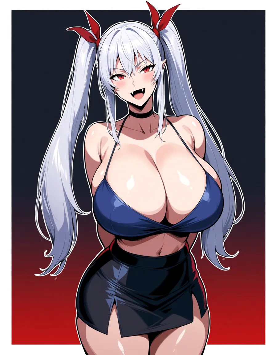 An adult big-breasted vampire with silver hair tied up in long twintails, wearing a miniskirt., hentai_studio_quality