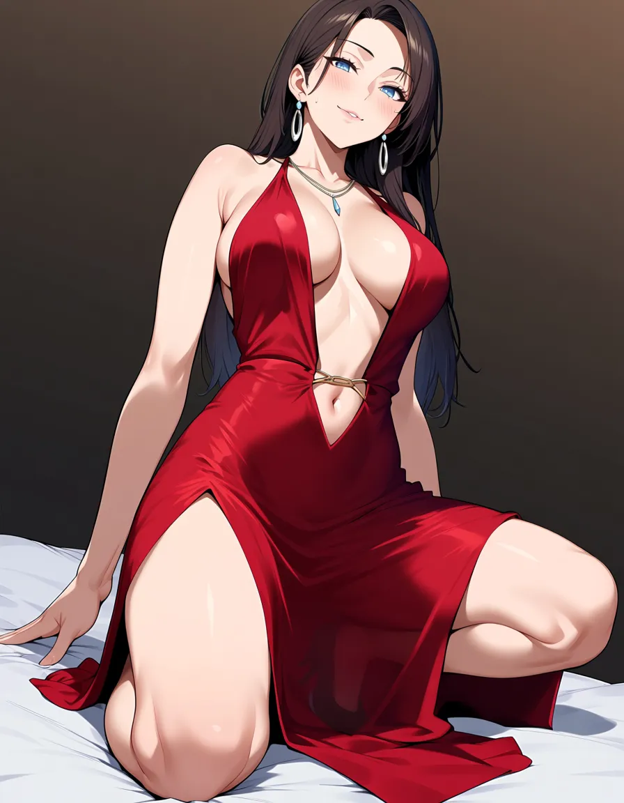 ultra detailed shading, office lady, midriff, evening gown, kneeling on bed, military, soft cel shading, hentai_studio_quality