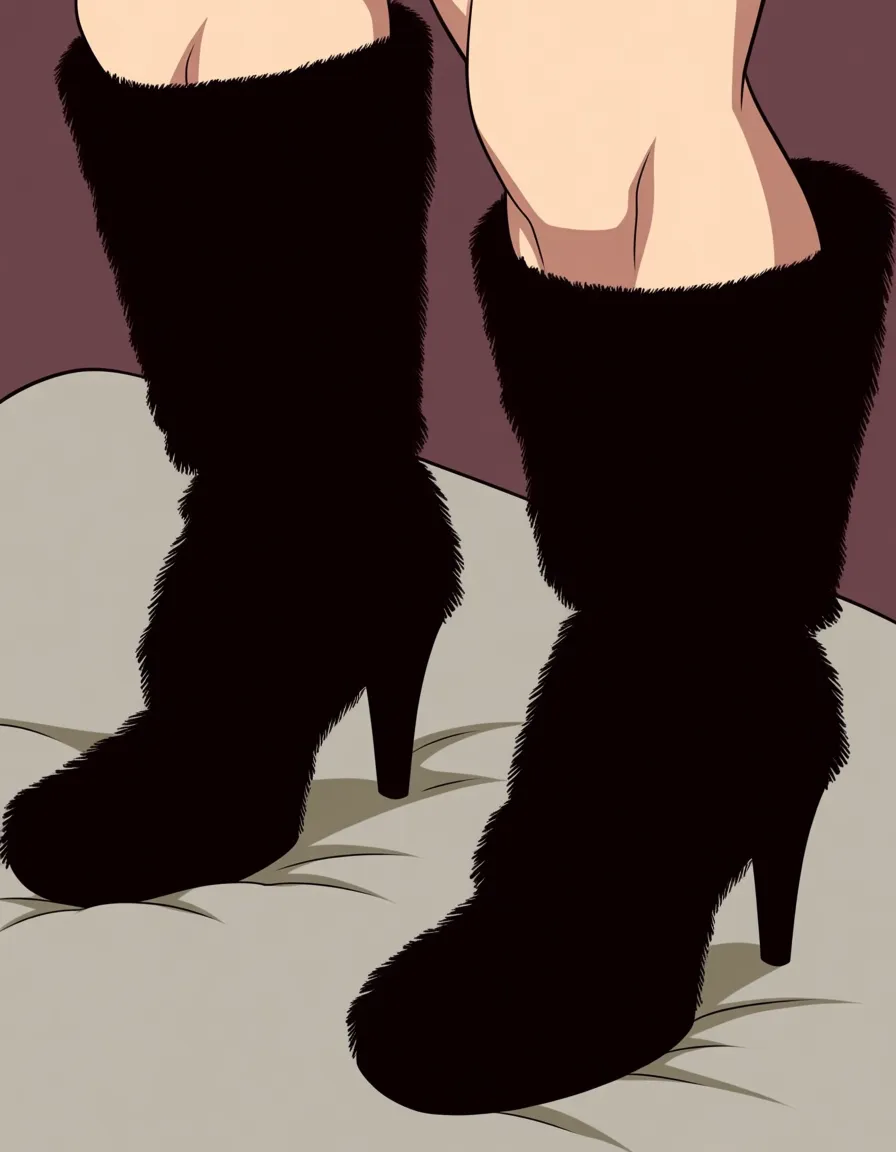 WOMAN: detailed blonde_hair mature_female kneeling on bed, simple background. The woman is wearing nothing except knee-high black boots, heeled. She has on boot stocks under the boots, which go up to her knees, and are thick and woolen.
She's fellating a man.
hentai_studio_quality

MAN: Simple, face off screen, no footwear, hentai_studio_quality