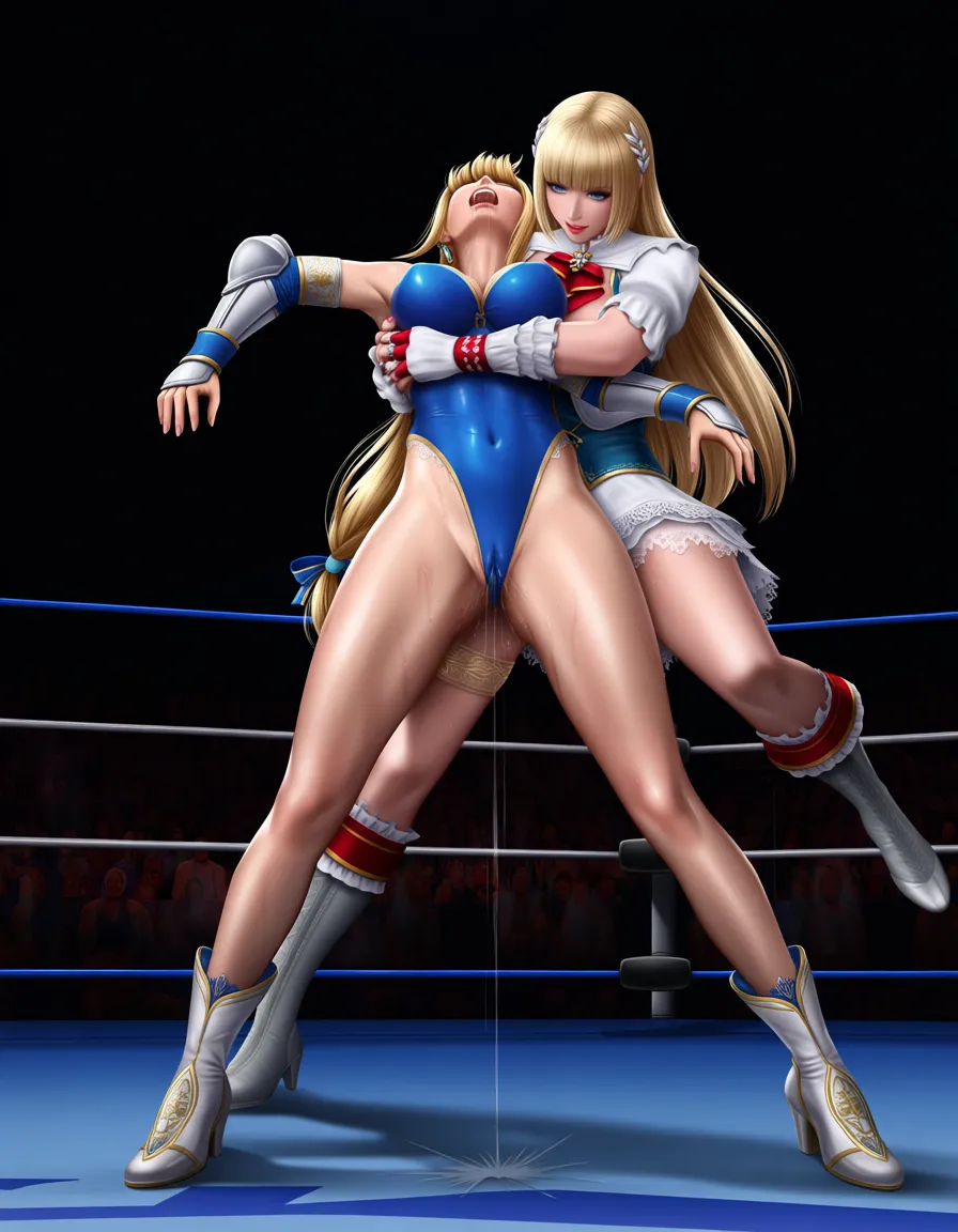 2girls , sophitia_alexandra_(soul_calibur) , emilie_de_rochefort_(tekken) , wrestling , wrestling_ring , strapon , orgasm , pussy_juice , defeated , yuri,, hentai_studio_quality realistic, hentai_studio_quality, hentai_studio_quality